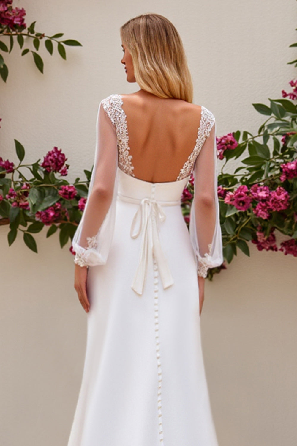 Ivory Satin Scoop Neck Sweep Train Mermaid Wedding Dress with Lace