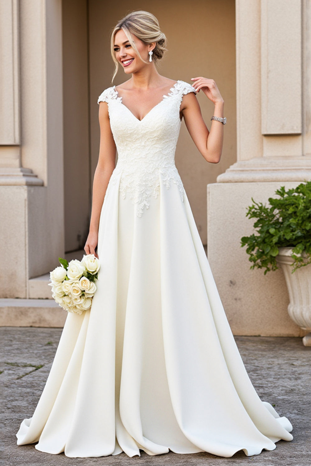 Ivory Satin V Neck A Line Sweep Train Wedding Dress with Appliques