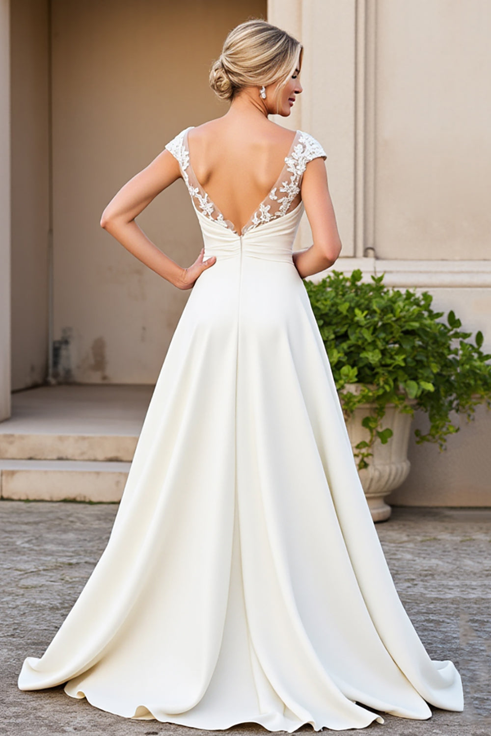 Ivory Satin V Neck A Line Sweep Train Wedding Dress with Appliques