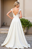 Ivory Satin V Neck A Line Sweep Train Wedding Dress with Appliques
