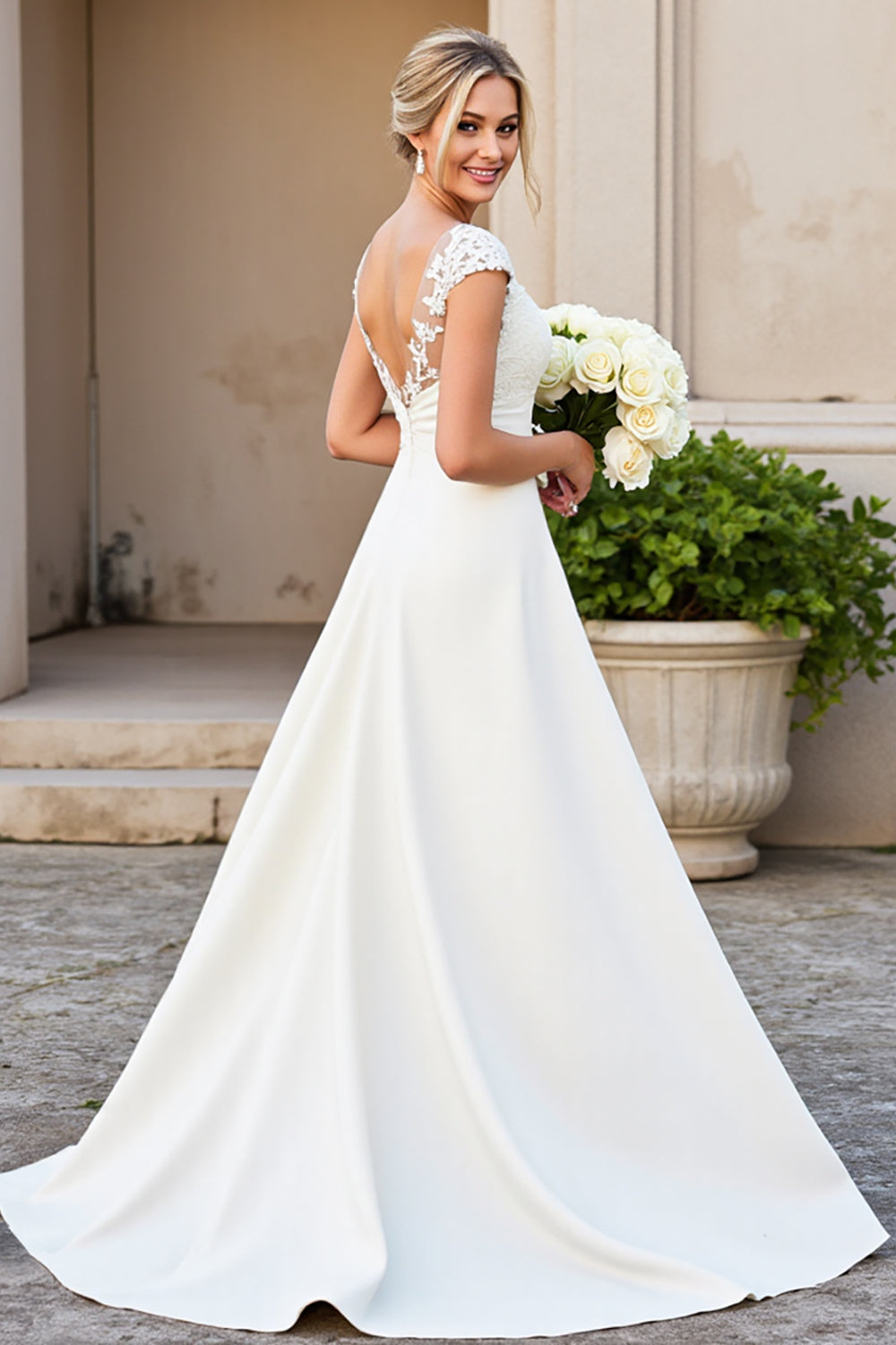 Ivory Satin V Neck A Line Sweep Train Wedding Dress with Appliques