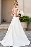 Ivory Satin V Neck A Line Sweep Train Wedding Dress with Appliques