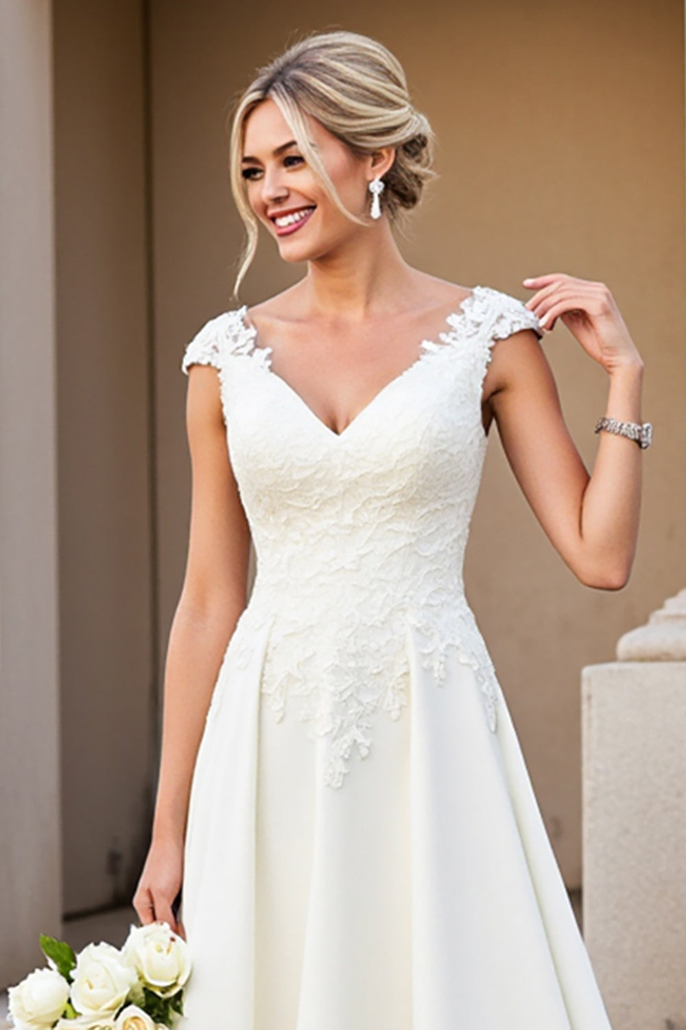 Ivory Satin V Neck A Line Sweep Train Wedding Dress with Appliques