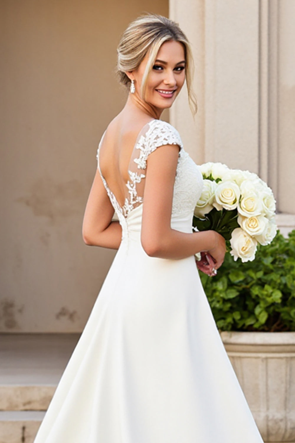 Ivory Satin V Neck A Line Sweep Train Wedding Dress with Appliques