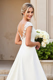 Ivory Satin V Neck A Line Sweep Train Wedding Dress with Appliques