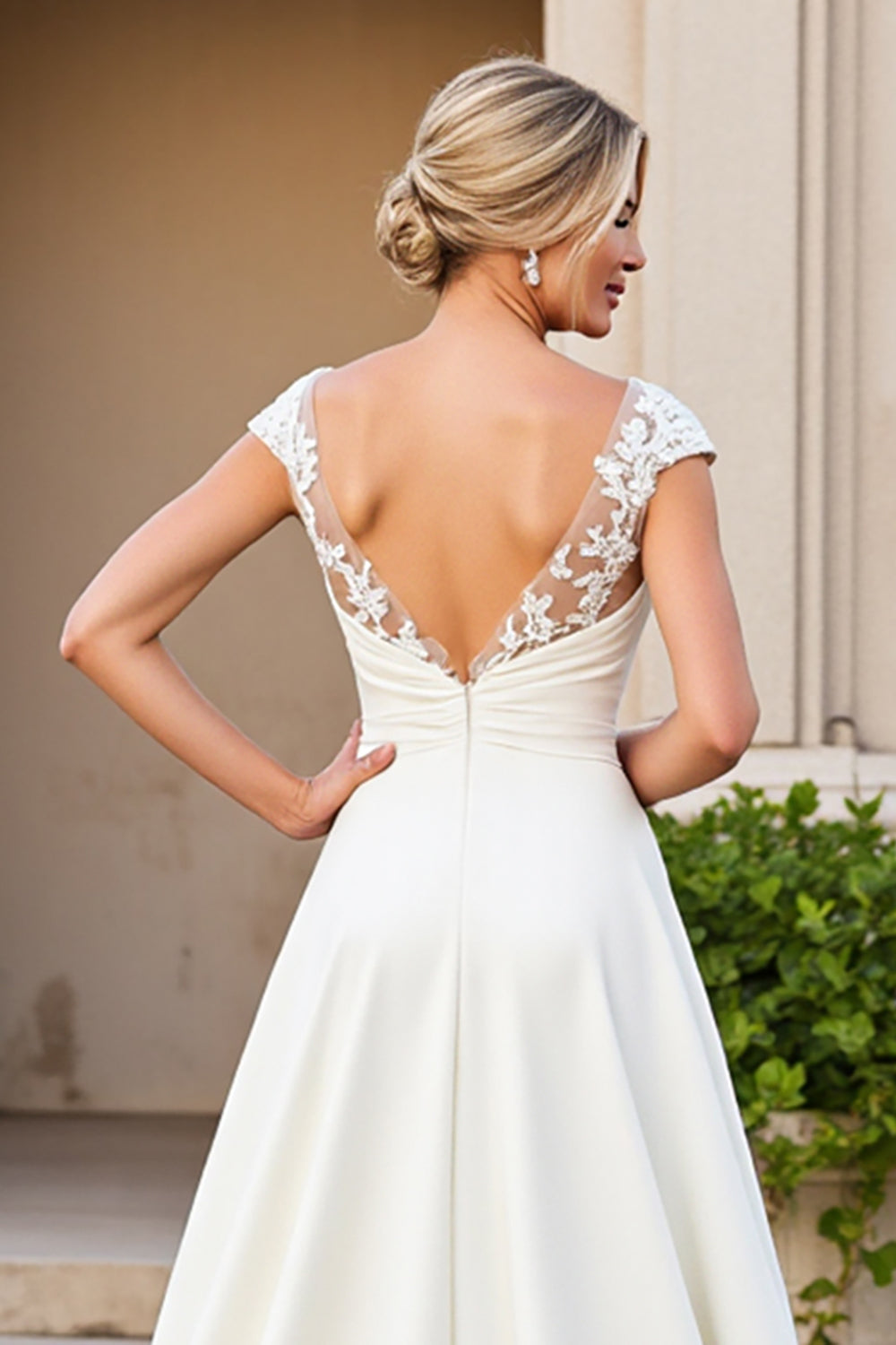 Ivory Satin V Neck A Line Sweep Train Wedding Dress with Appliques