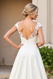 Ivory Satin V Neck A Line Sweep Train Wedding Dress with Appliques
