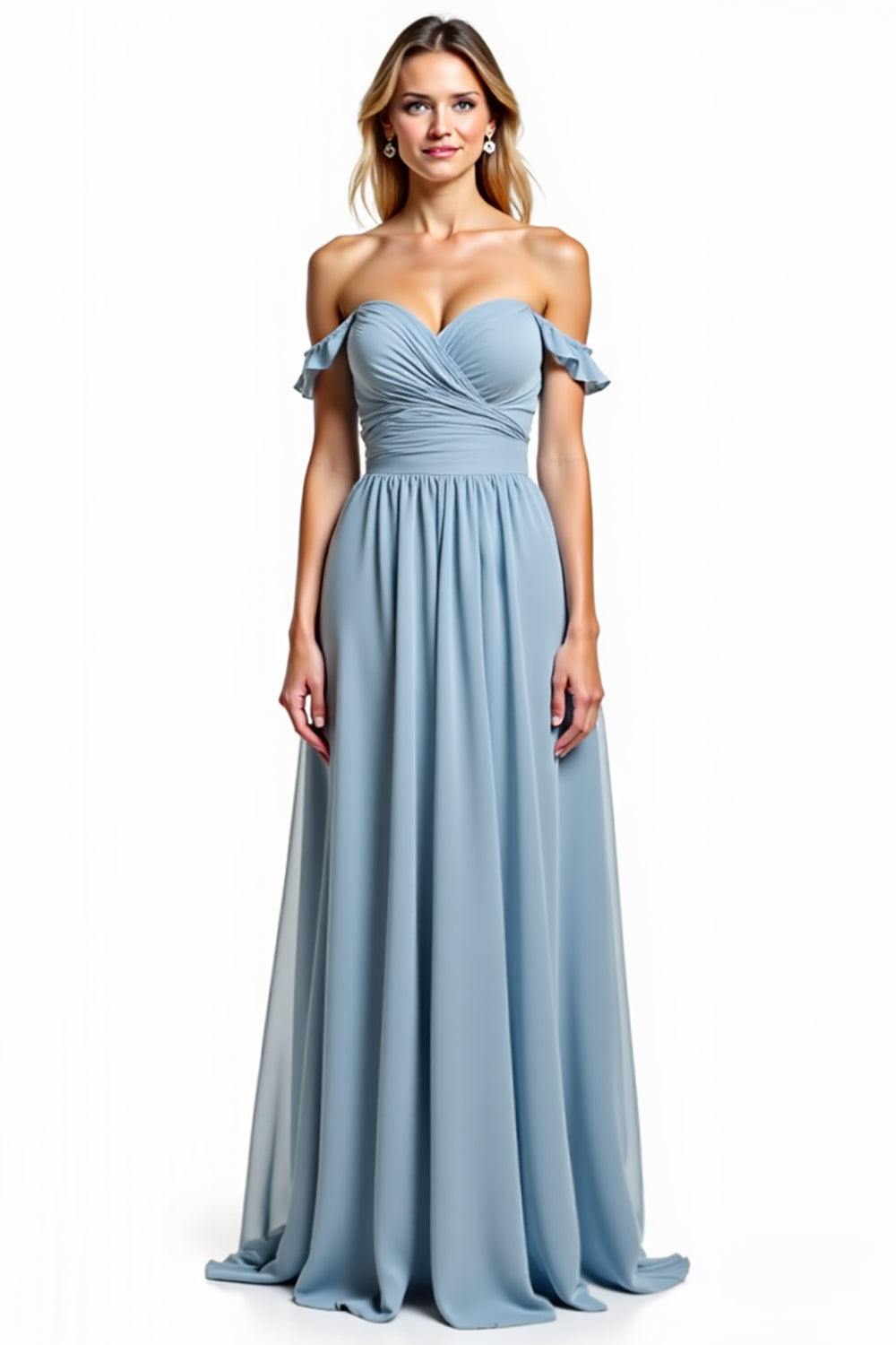 Dusty Blue Off The Shoulder Ruched Long Bridesmaid Dress