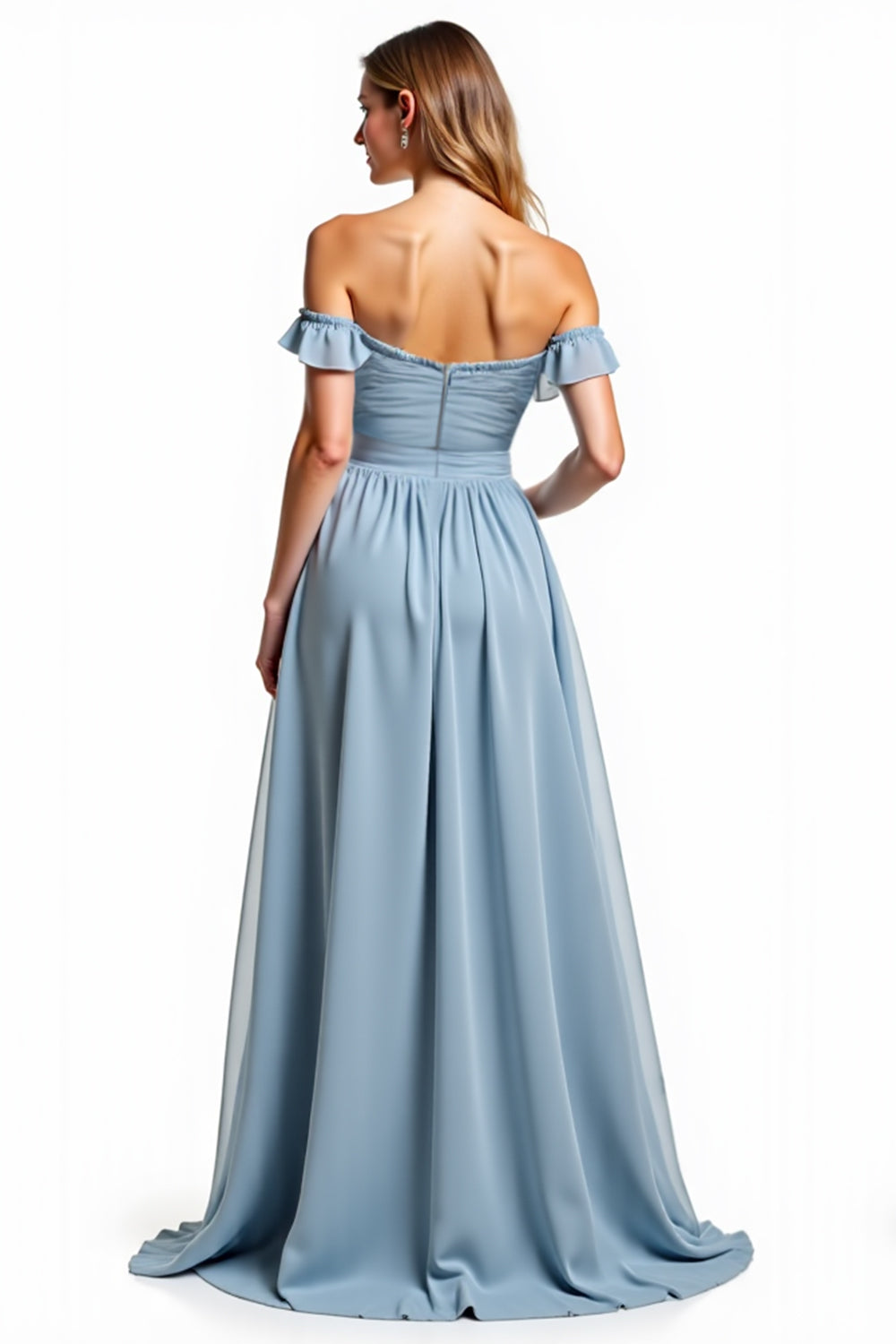 Dusty Blue Off The Shoulder Ruched Long Bridesmaid Dress