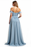 Dusty Blue Off The Shoulder Ruched Long Bridesmaid Dress