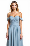 Dusty Blue Off The Shoulder Ruched Long Bridesmaid Dress