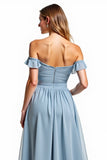 Dusty Blue Off The Shoulder Ruched Long Bridesmaid Dress