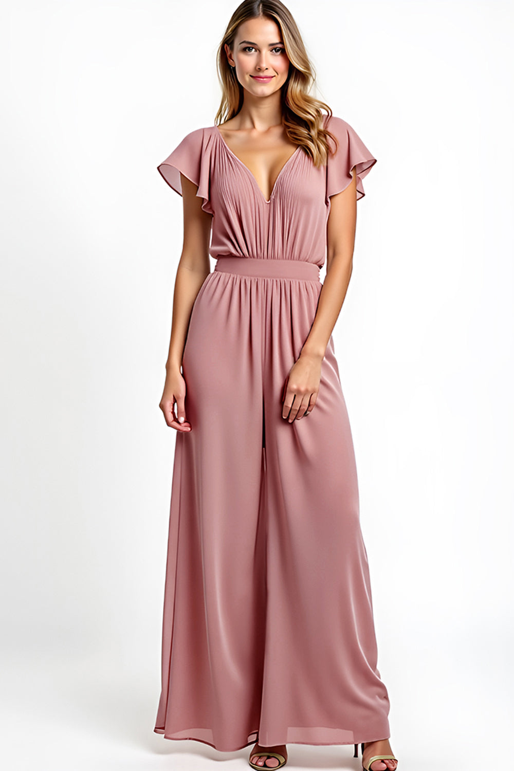 Dusty Rose V-Neck Ruffled Chiffon Jumpsuit