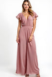 Dusty Rose V-Neck Ruffled Chiffon Jumpsuit