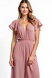 Dusty Rose V-Neck Ruffled Chiffon Jumpsuit