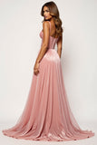 Glitter Fabric Blush Pink A Line Strapless Long Formal Dress with Slit
