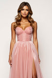 Glitter Fabric Blush Pink A Line Strapless Long Formal Dress with Slit