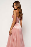 Glitter Fabric Blush Pink A Line Strapless Long Formal Dress with Slit