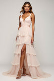 Candy Pink A Line V-Neck Tiered Tulle Prom Dress
