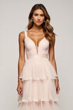 Candy Pink A Line V-Neck Tiered Tulle Prom Dress
