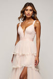 Candy Pink A Line V-Neck Tiered Tulle Prom Dress