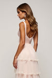 Candy Pink A Line V-Neck Tiered Tulle Prom Dress