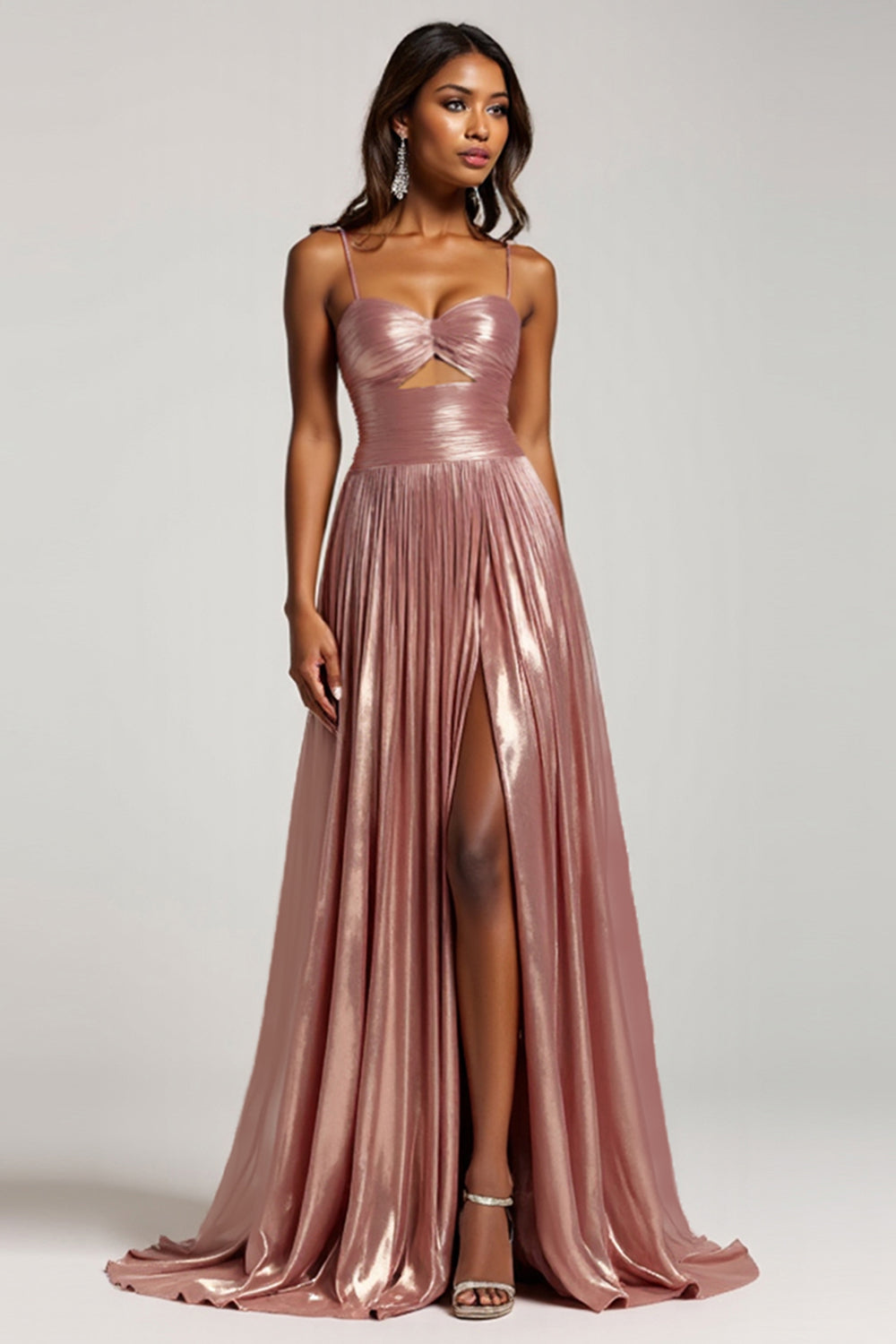 Glitter Dusty Rose A Line Cut Out Spaghetti Straps Prom Dress