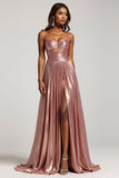 Glitter Dusty Rose A Line Cut Out Spaghetti Straps Prom Dress