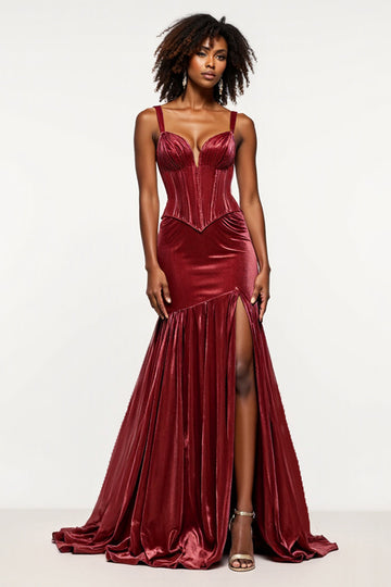 Burgundy Mermaid V-Neck Corset Velvet Long Formal Dress