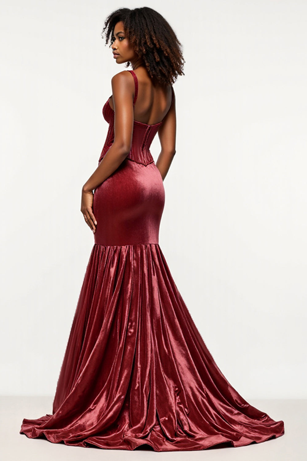 Burgundy Mermaid V-Neck Corset Velvet Long Formal Dress