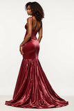 Burgundy Mermaid V-Neck Corset Velvet Long Formal Dress