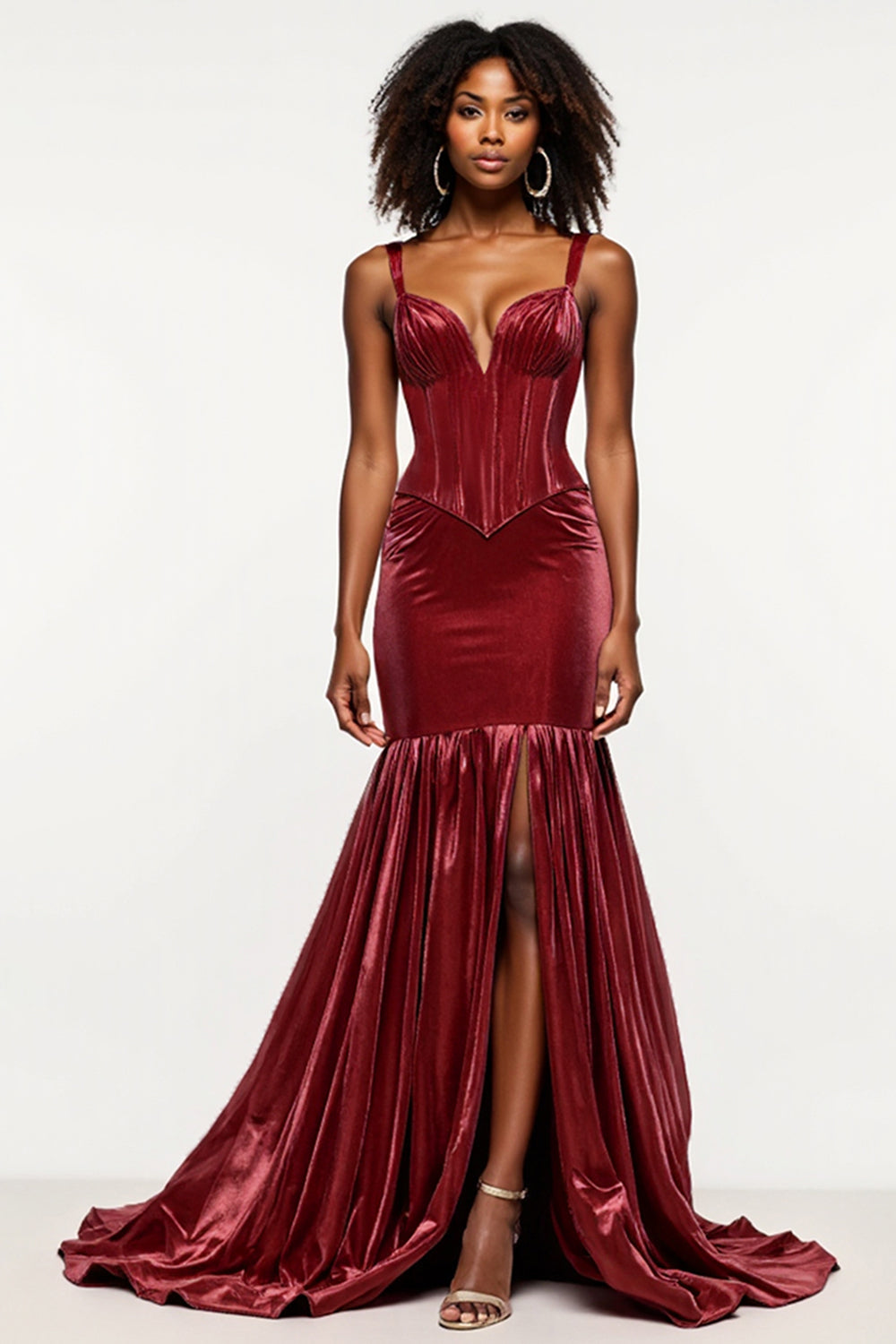 Burgundy Mermaid V-Neck Corset Velvet Long Formal Dress