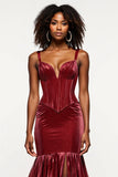 Burgundy Mermaid V-Neck Corset Velvet Long Formal Dress