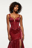 Burgundy Mermaid V-Neck Corset Velvet Long Formal Dress
