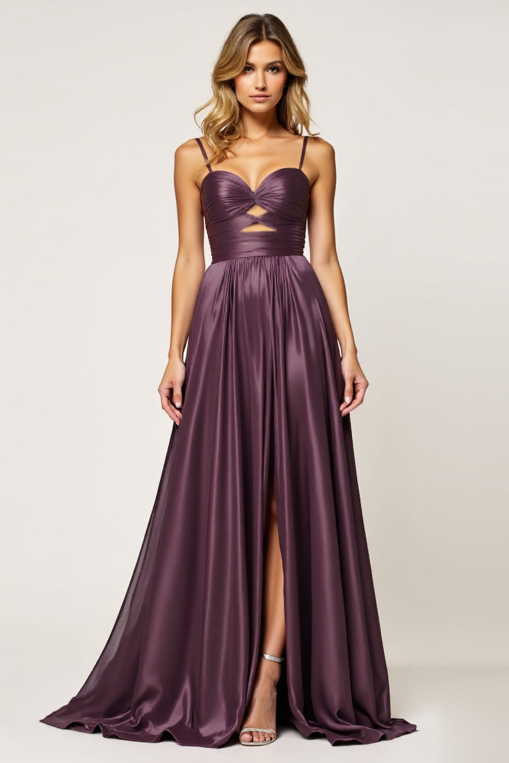 Purple A Line Spaghetti Straps Cut Out Satin Long Formal Dress