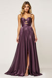 Purple A Line Spaghetti Straps Cut Out Satin Long Formal Dress