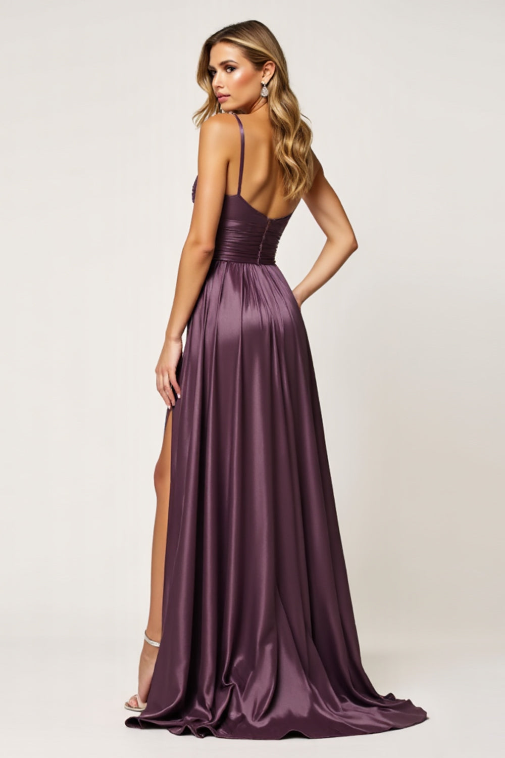 Purple A Line Spaghetti Straps Cut Out Satin Long Formal Dress