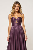 Purple A Line Spaghetti Straps Cut Out Satin Long Formal Dress
