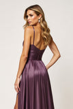 Purple A Line Spaghetti Straps Cut Out Satin Long Formal Dress