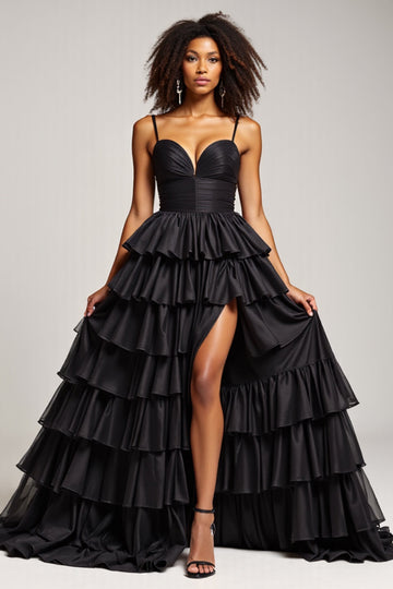 Black A Line Spaghetti Straps Pleated Satin Long Formal Dress