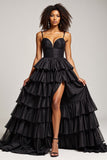 Black A Line Spaghetti Straps Pleated Satin Long Formal Dress