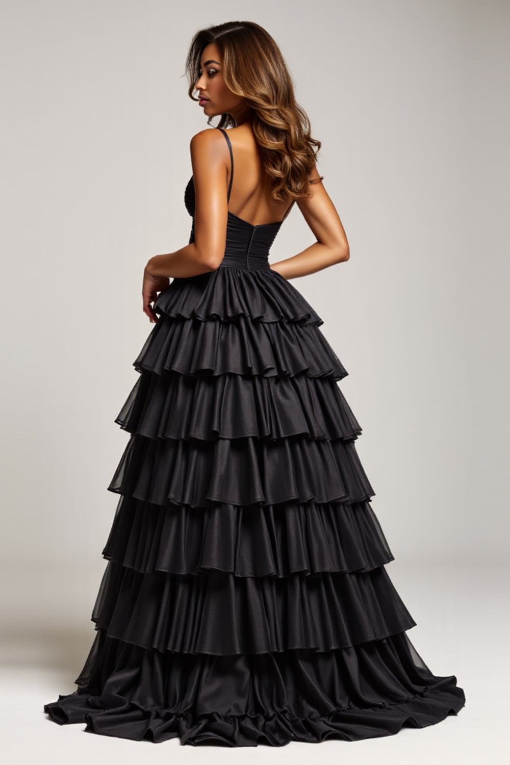 Black A Line Spaghetti Straps Pleated Satin Long Formal Dress