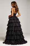 Black A Line Spaghetti Straps Pleated Satin Long Formal Dress