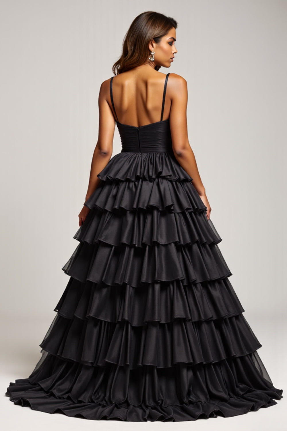 Black A Line Spaghetti Straps Pleated Satin Long Formal Dress