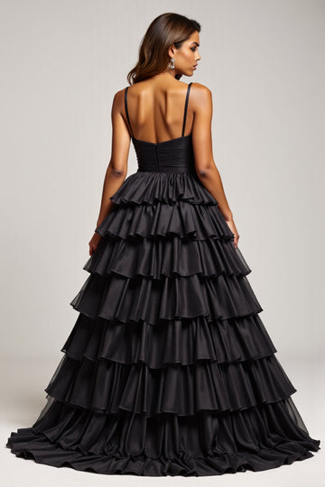 Black A Line Spaghetti Straps Pleated Satin Long Formal Dress