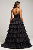 Black A Line Spaghetti Straps Pleated Satin Long Formal Dress