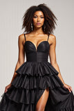 Black A Line Spaghetti Straps Pleated Satin Long Formal Dress