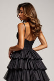 Black A Line Spaghetti Straps Pleated Satin Long Formal Dress