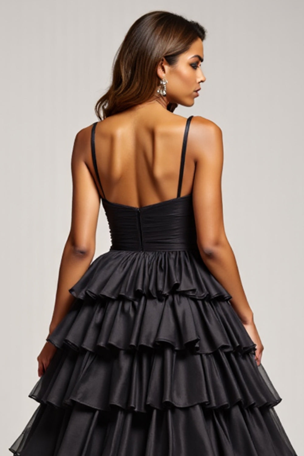 Black A Line Spaghetti Straps Pleated Satin Long Formal Dress