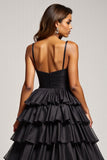 Black A Line Spaghetti Straps Pleated Satin Long Formal Dress